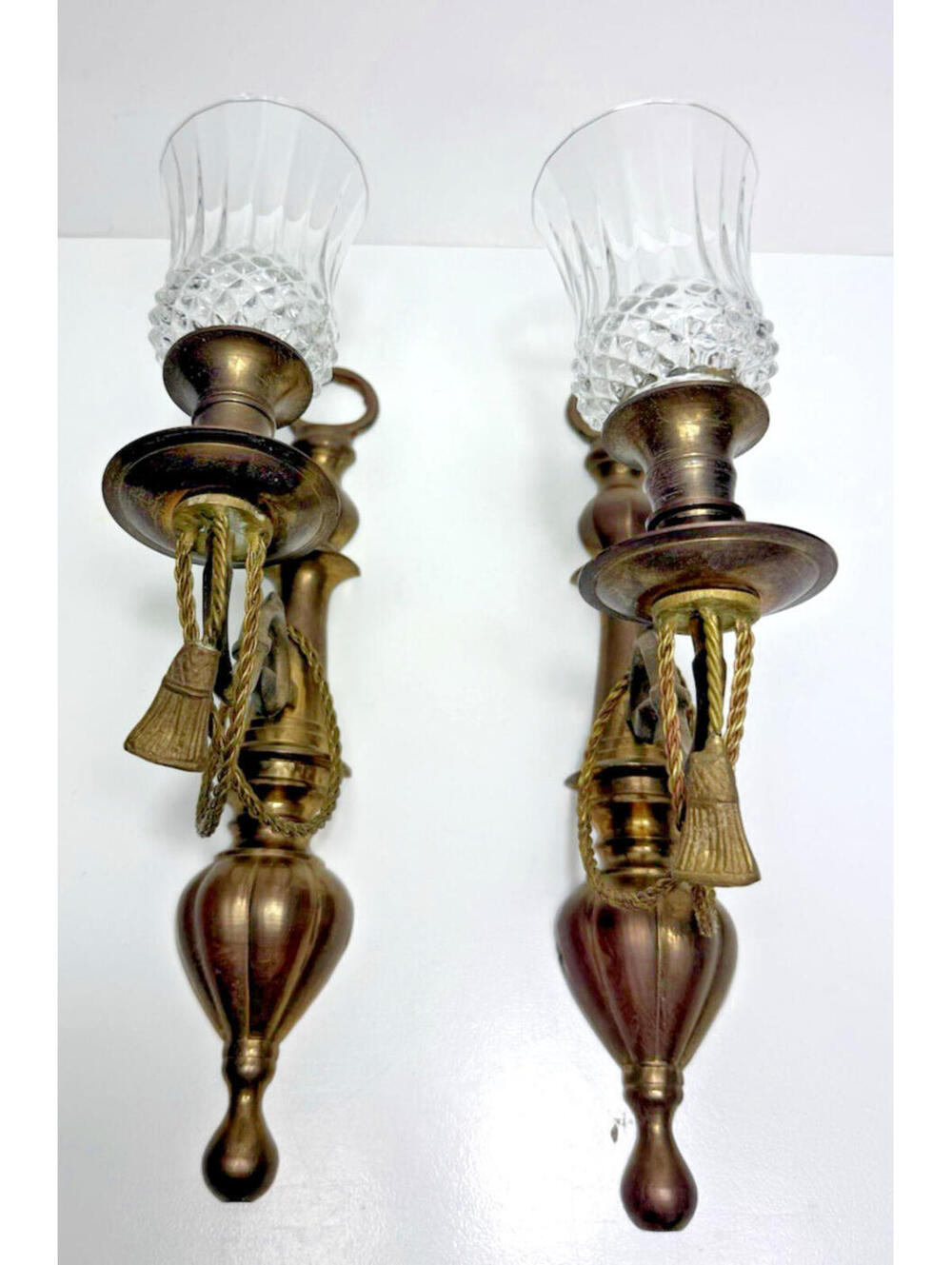 Vtg Brass Candle Sconces Set Pair Hollywood Regency Rope Tassel w/glass Hanging